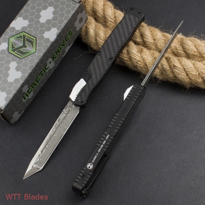 Heretic Cleric II Tanto OTF Automatic Knife Carbon Fiber (4.1" Damascus) (2) Heretic Cleric II Tanto OTF Automatic Knife Carbon Fiber (4.1" Damascus) (2)