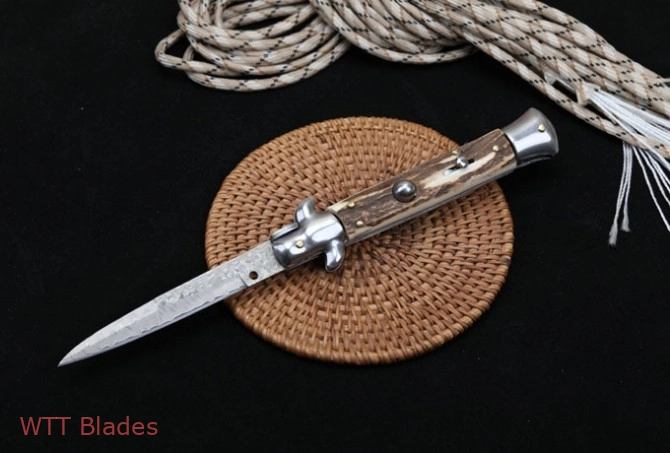 Italian Style Stiletto Swinguard Automatic Knife Stag Horn w/Clip (Damascus)