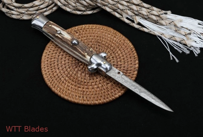 Italian Style Stiletto Swinguard Automatic Knife Stag Horn w/Clip (Damascus) (4)
