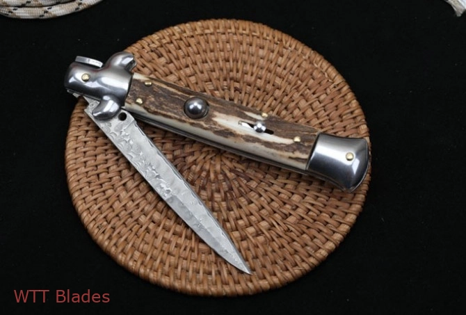 Italian Style Stiletto Swinguard Automatic Knife Stag Horn w/Clip (Damascus) (6)