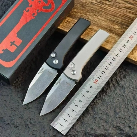 Scapegoat Compact Automatic Folding Knife, 3.15" Stonewashed 154CM Clip Point Blade, Smooth Aluminum Handle, Push Button Auto