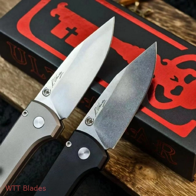 Scapegoat Compact Automatic Folding Knife, 3.15" Stonewashed 154CM Clip Point Blade, Smooth Aluminum Handle, Push Button Auto (2)