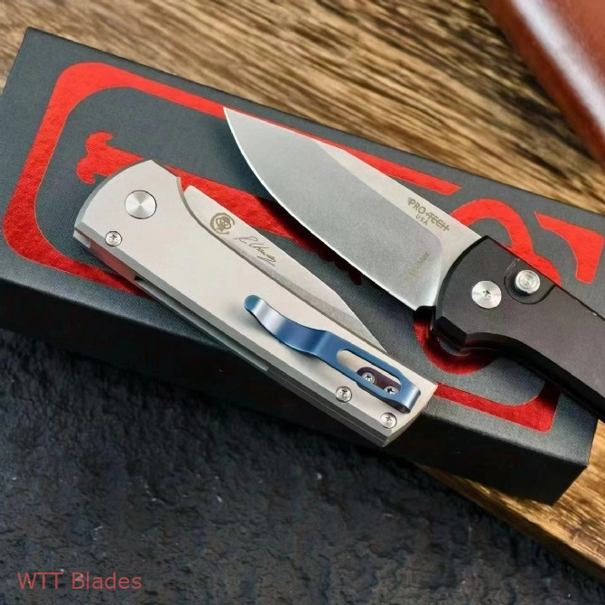 Scapegoat Compact Automatic Folding Knife, 3.15" Stonewashed 154CM Clip Point Blade, Smooth Aluminum Handle, Push Button Auto (3)