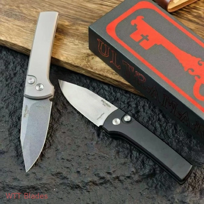 Scapegoat Compact Automatic Folding Knife, 3.15" Stonewashed 154CM Clip Point Blade, Smooth Aluminum Handle, Push Button Auto (6)