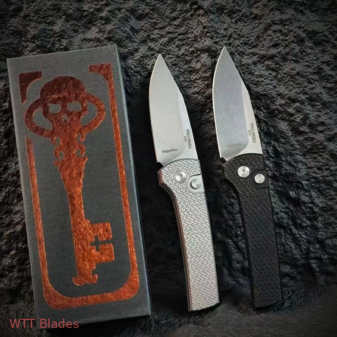 Scapegoat Compact Automatic Folding Knife, 3.15" Stonewashed 154CM Clip Point Blade, Textured Aluminum Handle, Push Button Auto (4)